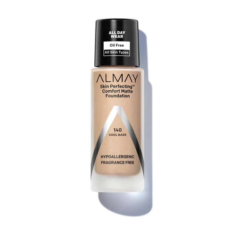 Almay Skin Perfecting Comfort Matte Foundation Liquid Makeup, Hypoallergenic, Cruelty- & Fragrance-Free, Dermatologist-Tested, 140 Cool Bare, 1 fl oz