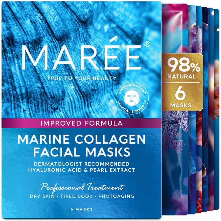 MAREE Collagen Facial Mask with Hyaluronic Acid  Sheet Face Mask Skincare  Centella Asiatica, Green & Red Algae Extract  Hydrating Facemask For Wo