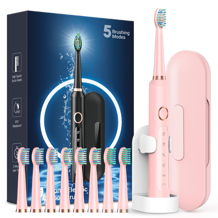 Rtauys M5 Sonic Electric Toothbrush for Adults and Kids - Rechargeable Electric Toothbrush Kids Ages 12+ and Adults with 8 Brush Heads & Travel Case,