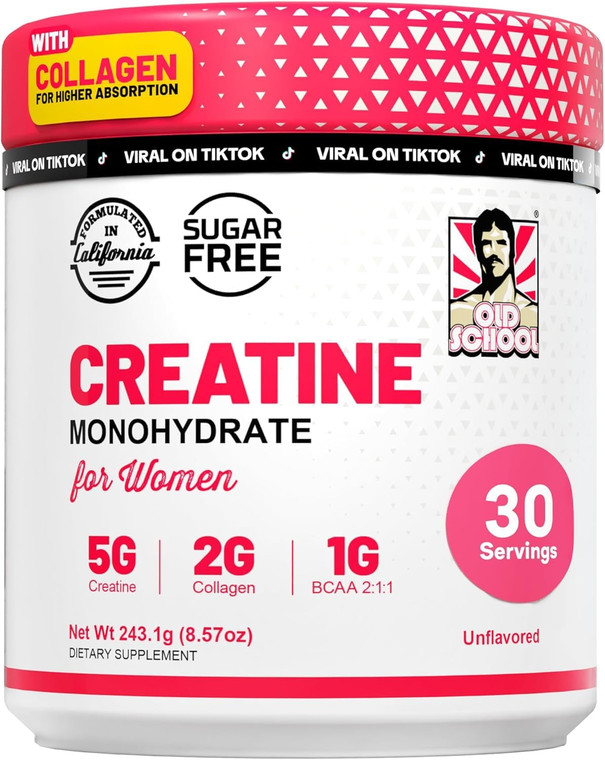 Old School Labs Creatine for Women Post-Workout Supplement - 5000mg Creatine, 2000mg Hydrolyzed Bovine Collagen & BCAA 2:1:1 for Lean Muscle Growth,