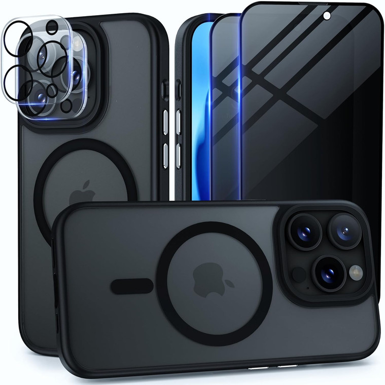 Huffii for iPhone 16 Pro Max Case [2X Privacy Screen +2X Camera Lens Protector] for MagSafe Slim Matte Translucent Drop Proof Shockproof Protective M