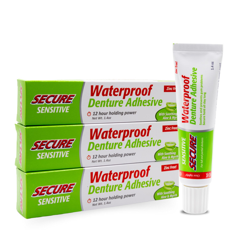 Secure Sensitive Denture Adhesive with Aloe Vera & Myrrh to Nourish Your Gums  Uppers, Lowers & Partials - Waterproof & Zinc Free - Food Grade Ingre