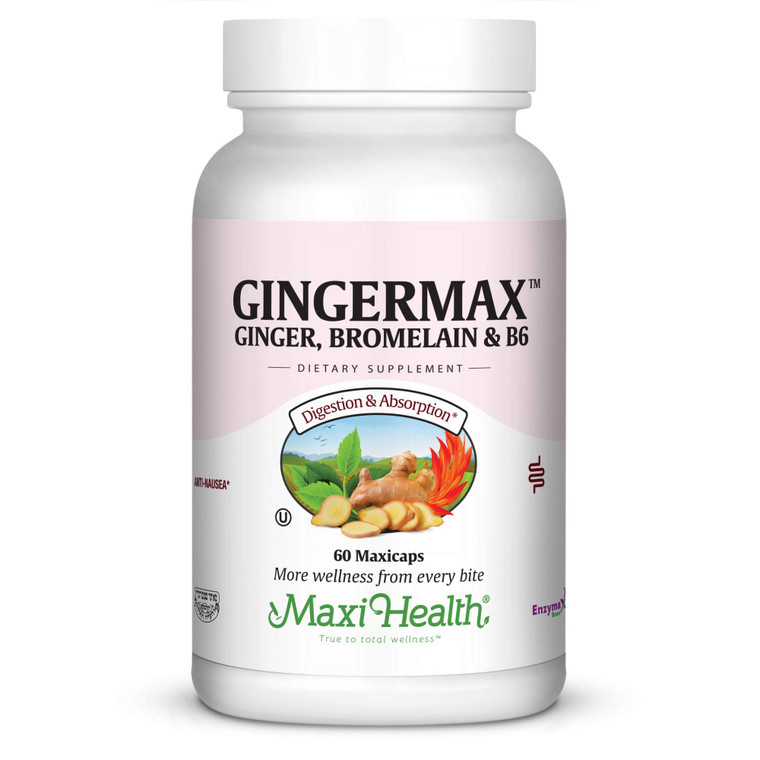 Maxi Health Gingermax - Ginger - Bromelain & Vitamin B6 - Digestion Health - 60 Capsules - Kosher (QGER)