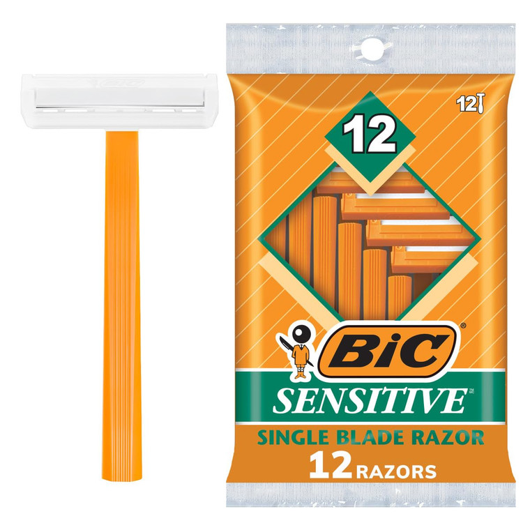 BIC Sensitive Disposable Razors for Men, Long-Lasting 1 Blade Razors for Sensitive Skin, 12 Count