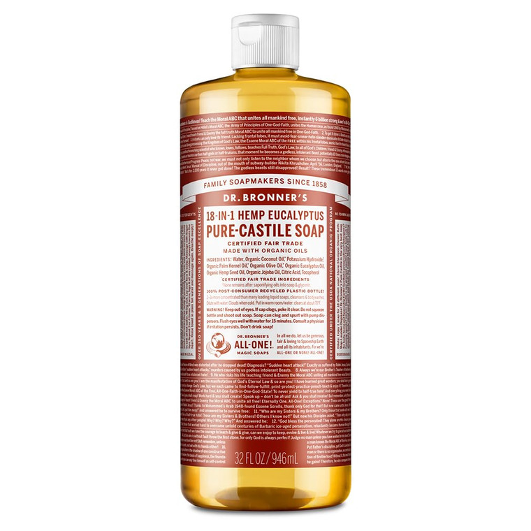 Dr. Bronner's - Pure-Castile Liquid Soap (Eucalyptus, 32 ounce) - Made with Organic Oils, 18-in-1 Uses: Face, Body, Hair, Laundry, Pets & Dishes, Con
