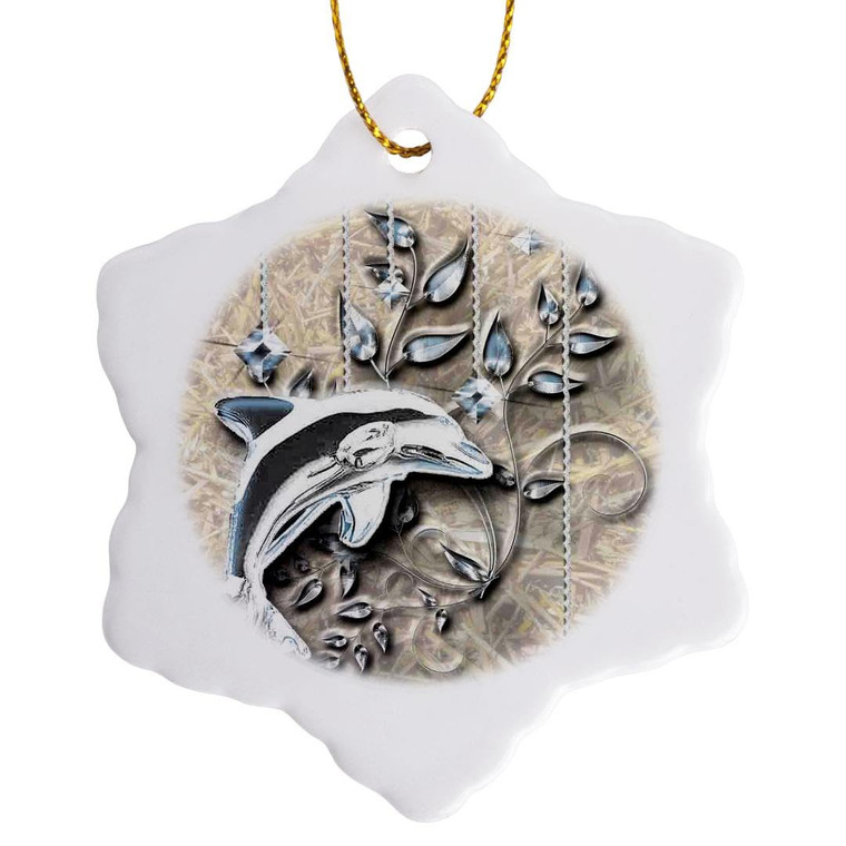 3dRose ORN_150944_1 Silver Jeweled Dolphin and Silver Accents Snowflake Ornament, Porcelain, 3-Inch