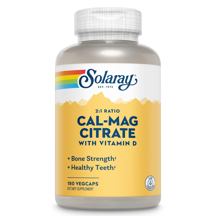 SOLARAY Calcium & Magnesium Citrate 2:1 Ratio w/Vitamin D-3, Healthy Bones, Muscle & Nervous System Support, High Absorption 180 Capsules