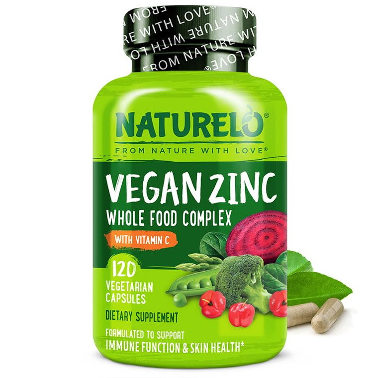 NATURELO Vegan Zinc Immune Support Capsules - Whole Food Complex with Vitamin C for Healthy Skin, Hair, and Nails - 120 Capsules