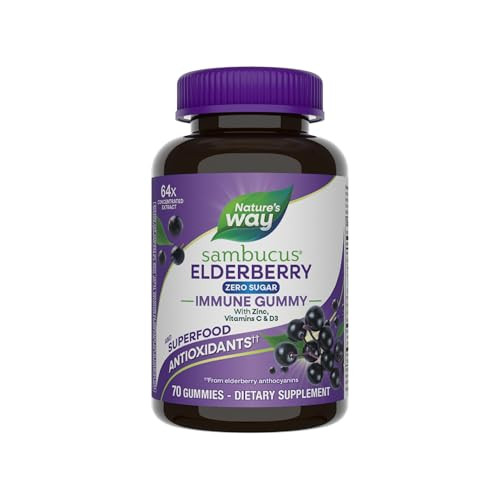 Natures Way Sambucus Zero Sugar Immune Gummies, Daily Immune Support*, Black Elderberry Extract, Vitamin C, Vitamin D3, Zinc, Sugar Free, Sugar Alco