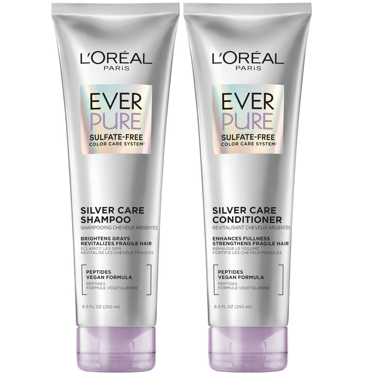 L'Oreal Paris EverPure Silver Care Sulfate Free Shampoo and Conditioner Set, Nourishing Vegan Formula with Peptides for Brightening Gray Hair, 1 Kit