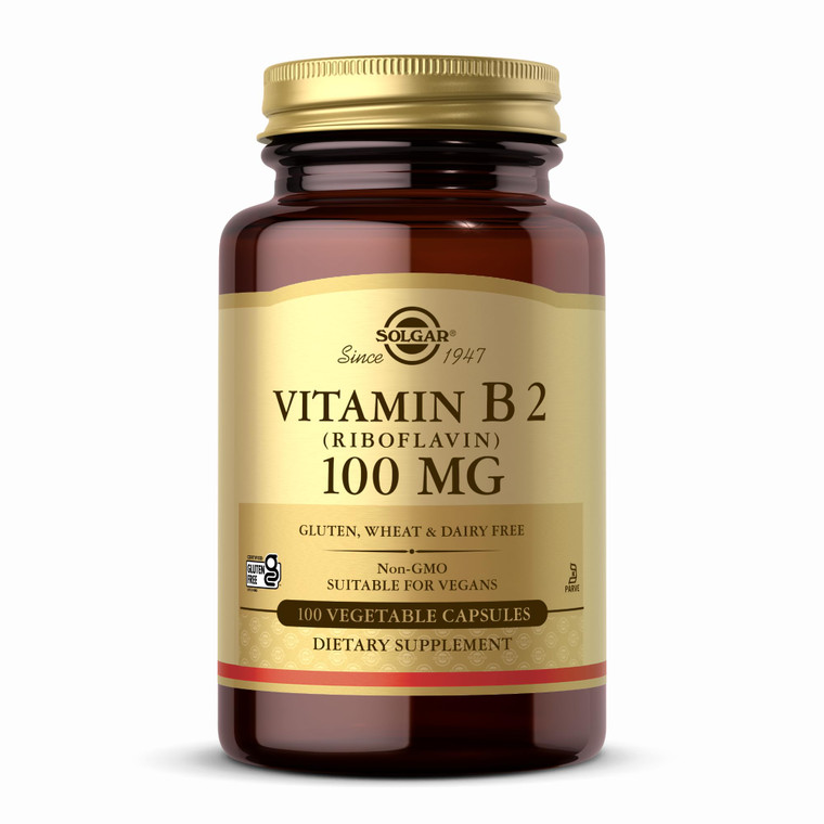 Solgar Vitamin B2 (Riboflavin) 100mg - 100 Vegetable Capsules - Non-GMO, Vegan, Gluten Free, Dairy Free, Kosher - 100 Servings