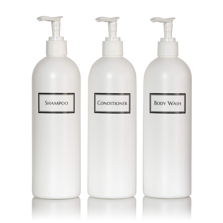 Artanis Home Silkscreened Empty Shower Bottle Set for Shampoo, Conditioner, and Body Wash, Cosmo/Bullet 16 oz 3-Pack, White (White Pumps)