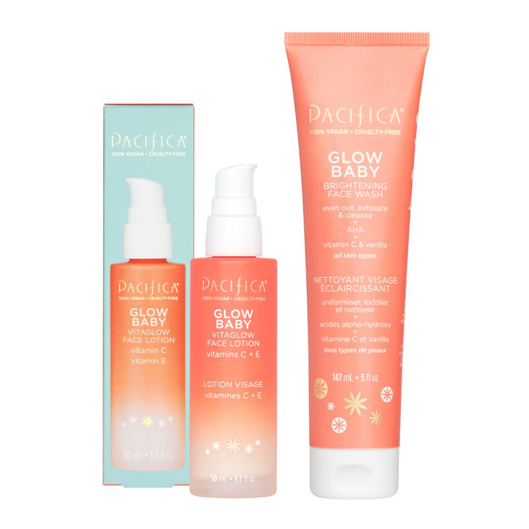 Pacifica Beauty Glow Baby VitaGlow Face Lotion and Brightening Face Wash Set, Skincare, Vitamin C and E, AHA, Exfoliator, Cleanser, Hydrating, Moistu