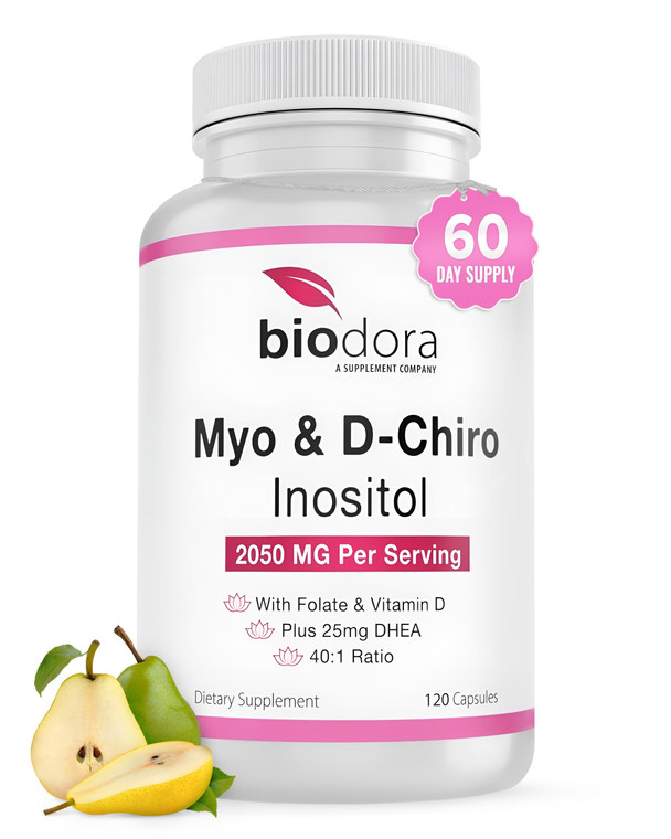 Biodora Myo& D-Chiro Inositol Supplement, with Folate and Vitamin D, 40 to 1 Ratio, Includes DHEA, Helps in Hormone Balance, Ovarian Function, 2050mg