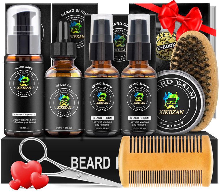 XIKEZAN Beard Kit for Men Grooming & Care Set w/2 Pack Beard Serum, Wash, Oil, Balm, Comb, Brush, Scissor, Bag, EBook, Unique Birthday Gifts for Men