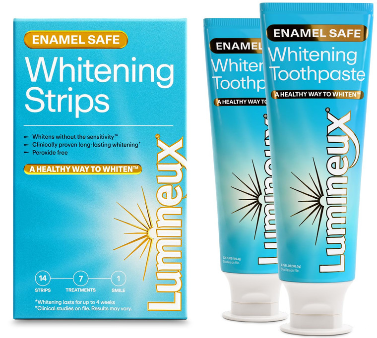 Lumineux Whitening Starter Set  Peroxide Free - Enamel Safe for Whiter Teeth  Includes 7 Whitening Treatments & 2 Pack Whitening Toothpaste, Fluori