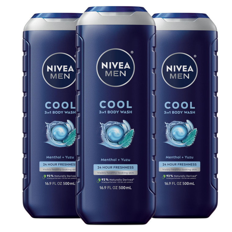 NIVEA MEN Cool Body Wash, Icy Menthol and Yuzu Scent, 3-in-1 Men's Body Wash, Face and Hair, Paraben Free, pH-Skin Friendly, 16.9 Fl Oz Bottle, Pack