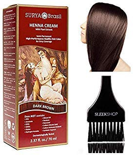 Surya Brasil All Natural HENNA Hair Color CREAM Plant Extracts, Semi-Permanent for Grey Coverage (with Brush) Brazil (DARK BROWN)