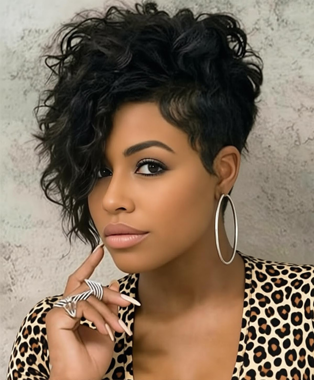 SEVENCOLORS Short Curly Pixie Wigs for Black Women Natural Looking Black Wavy Wigs with Side Bangs Synthetic Short Hair Asymmetrical Wig