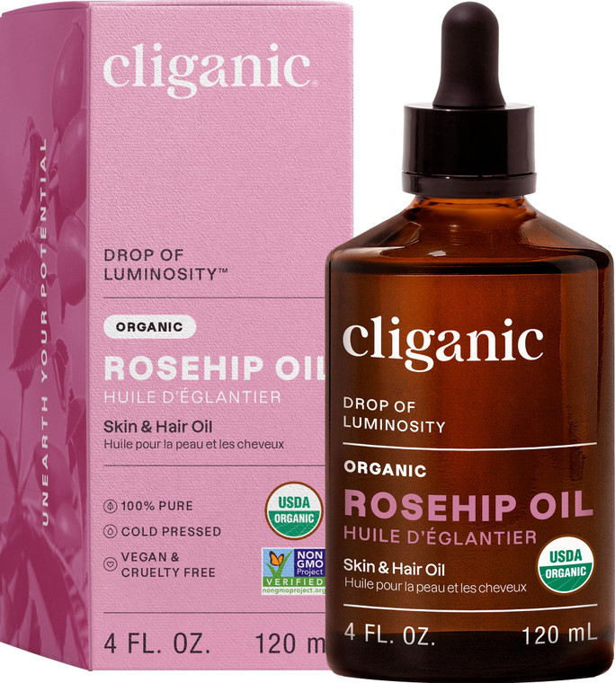 Cliganic Organic Rosehip Seed Oil for Face, 100% Pure | Natural Cold Pressed Unrefined Non-GMO | Carrier Oil for Skin, Hair & Nails (Packaging May Va