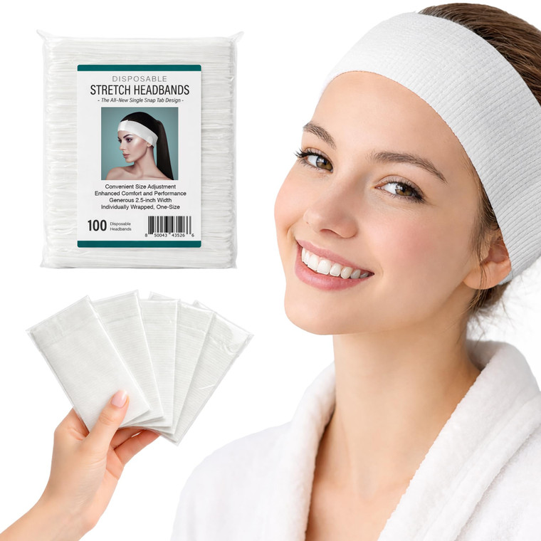 APPEARUS Disposable Spa Facial Headbands (100 Pack)  Individually Wrapped, Stretchable Non-Woven Hair Wraps with Single Snap Tab for Estheticians, M