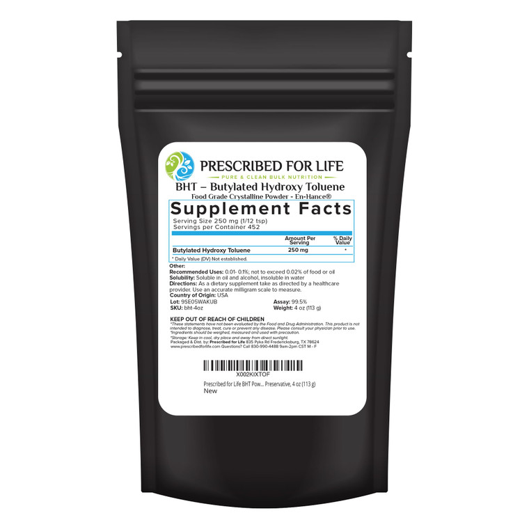 Prescribed For Life BHT Powder, Powdered Butylated Hydroxytoluene for Food Preservation, Vegan, Gluten Free, Non GMO, Unbleached, Soy Free (4oz / 113