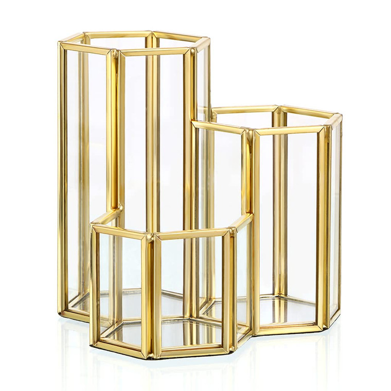 Hipiwe 3 Slots Glass Makeup Brush Holder - Gold Hexagon Cosmetics Brush Eyeliners Display Cup Home Decorative Makeup Organizer Desktop Pen/Pencil Pot