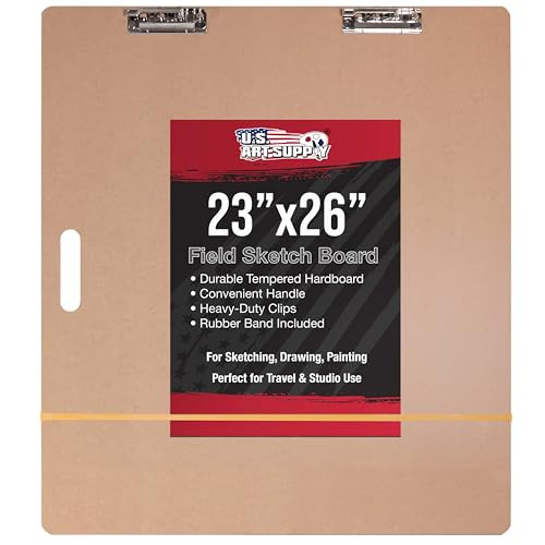 U.S. Art Supply 23" x 26" Artist Sketch Tote Board - Lightweight Hardboard Drawing Board with Handle, Clip & Rubber Band for Art, Sketching, Travel,