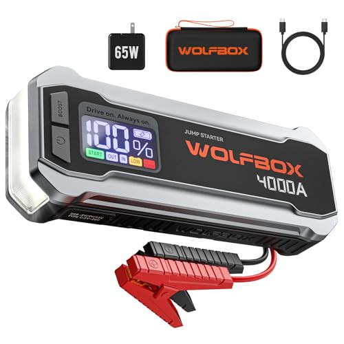 WOLFBOX 4000A Jump Starter,12V Car Battery Jumper Starter Portable with 65W Quick Charger,LED Display,88.8Wh Booster Jump Box Pack (10L Gas 10L Diese