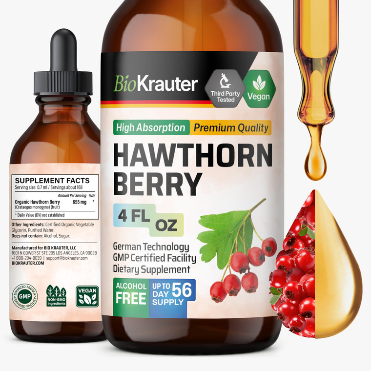 BIO KRAUTER® Hawthorn Berry - Pure Vegan Hawthorne Berry Supplement - Used for Overall Support & Daily Wellness - Liquid Drops 655 mg per Serving - A