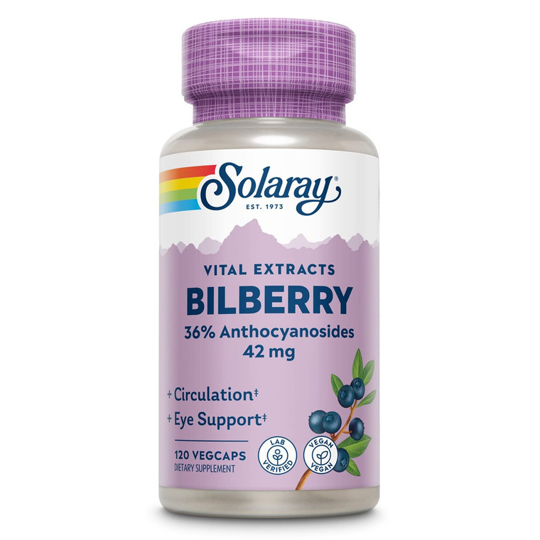 SOLARAY Bilberry Berry Extract 42 mg, Eye Health & Circulation Support, with 36% Anthocyanosides, Vegan, 120 VegCaps