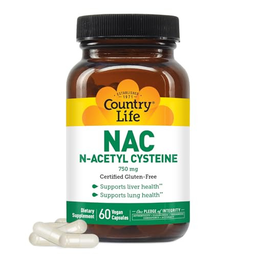 Country Life N-Acetyl Cysteine (NAC) 750 mg  Premium Liver Support and Lung Health Supplement  Powerful Antioxidant Protection, Liver Detox & Clean