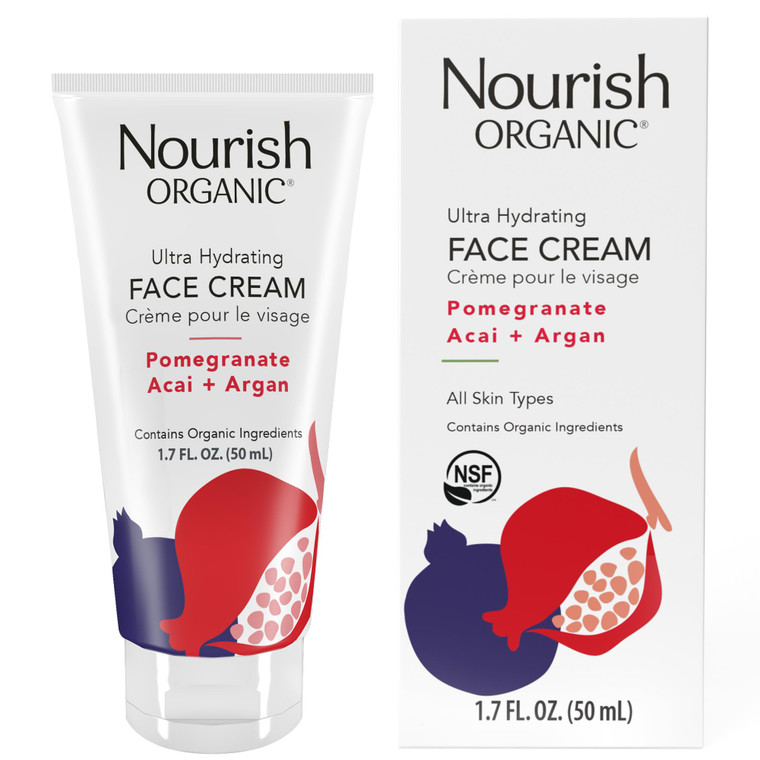 Nourish Organic Face Cream, Pomegranate Acai + Argan  Ultra Hydrating Formula with Aloe Vera & Green Tea Extract, 1.7 Oz + Washable Cotton Round