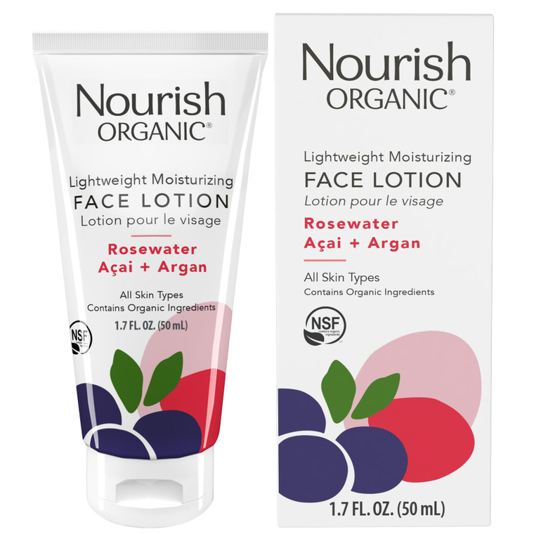Nourish Organic Face Lotion, Rosewater Acai + Argan  Lightweight Moisturizer for Face with Aloe Vera, Shea Butter & Vitamin C, 1.7 Oz + Washable Cot
