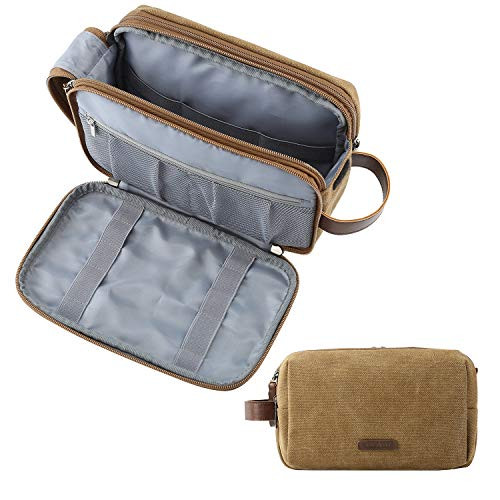 BAGSMART Toiletry Bag for Men, Canvas Travel Toiletry Organizer Dopp Kit Water-resistant Shaving Bag for Toiletries Accessories,Khaki-Medium