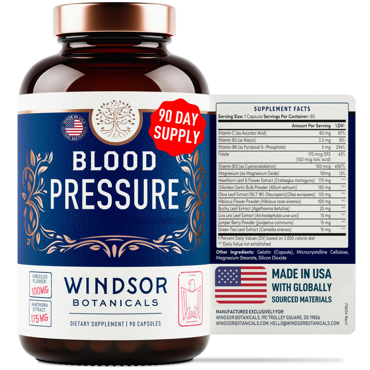 Blood Pressure Support Supplement - Green Tea, Hibiscus, Hawthorn, Garlic - Blood Pressure Vitamin, Mineral and Activated Naturals - 3 Month Supply,