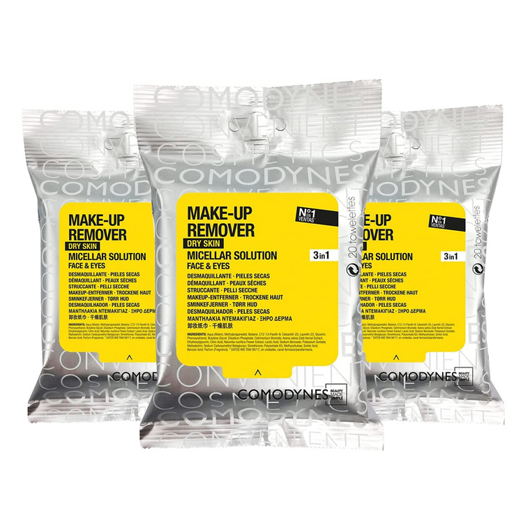 3 Pack COMODYNES Makeup Remover Towels Dry Skin 60 Wipes - Skin Care - The Wipes for Dry Skin Incorporate Skin-Friendly Active Ingredients and Natura