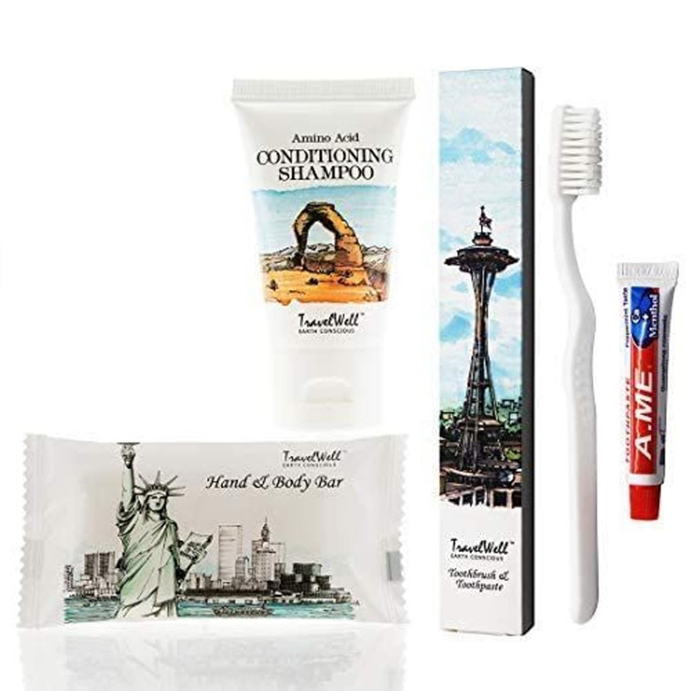 Travelwell Landscape Series Travel Size Mini Soap Bars 1.0oz/28g, Shampoo & Conditioner 2 in 1, Tooth Cleaners - 20 Each Individually Wrapped - Trave
