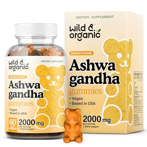 Wild & Organic Ashwagandha Gummies 2000mg - Mood Support Supplement w/Ashwagandha Root Extra Strength - Natural Calm Supplements Gummies - 60 Vegan,