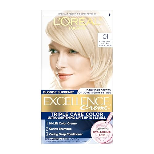 L'Oreal Paris Excellence Crème Permanent Hair Dye, Triple Care Hair Color with Hyaluronic Acid for 100% Gray Coverage, 01 Extra Light Natural Ash Blo