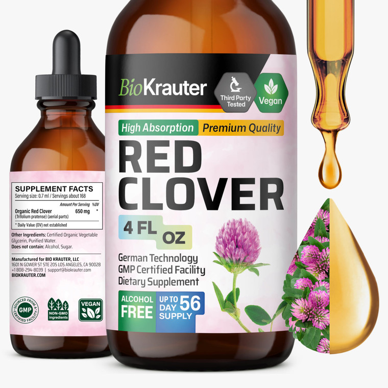 BIO KRAUTER® Perimenopause & Menopause Supplements for Women* - Red Clover Supplement 4 Fl.Oz 56-Day Supply - Vegan Red Clover Extract for Menopause