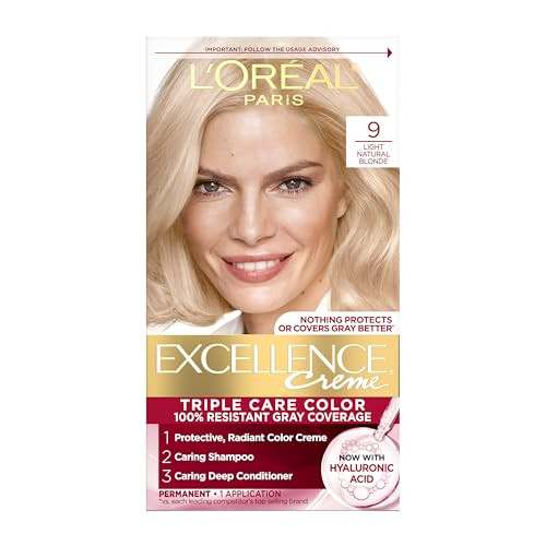 L'Oreal Paris Excellence Crème Permanent Hair Dye, Triple Care Hair Color with Hyaluronic Acid for 100% Gray Coverage, 9 Light Natural Blonde, 1 Kit