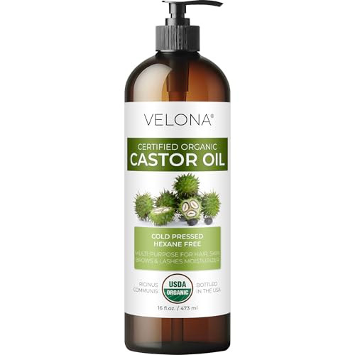 velona USDA Certified Organic Castor Oil - 16 fl oz (With Pump) | For Hair Growth, Boost Eyelashes, Eyebrows | Cold pressed, Natural Oil, USP Grade |