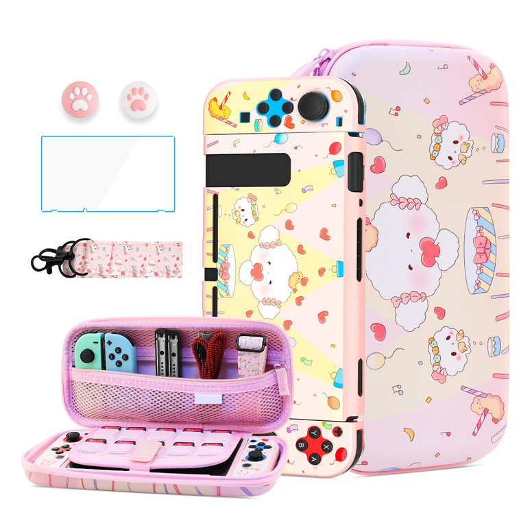 HYPERCASE Cute Little Elf Compatible with Nintendo Switch Accessories Bundle Kit, with Portable Switch Carrying Travel Case, Pink Switch Cover Skin,