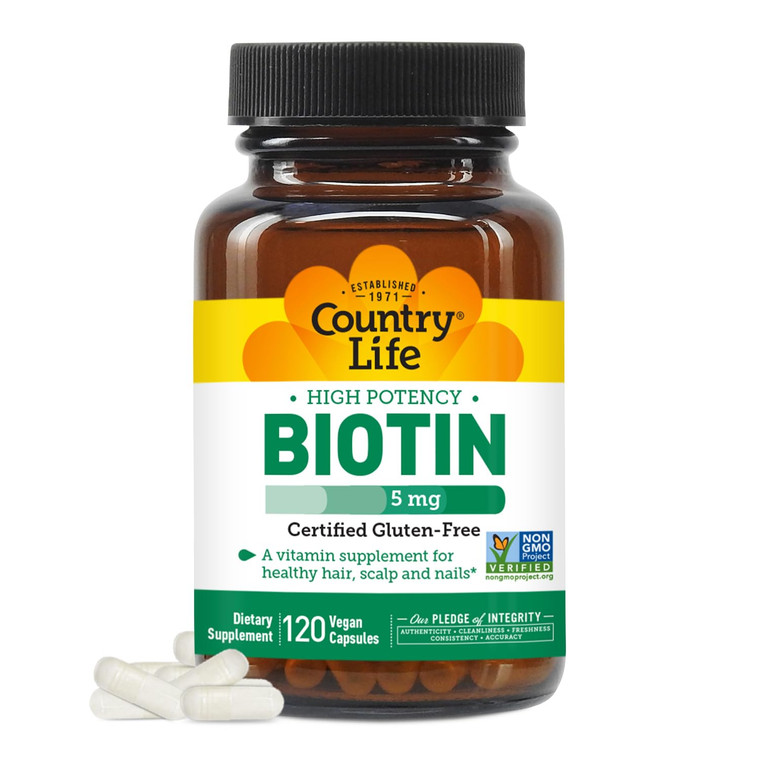 Country Life Biotin High Potency, 5mg, 120 Count, Certified Gluten Free, Certified Vegan, Verified Non GMO