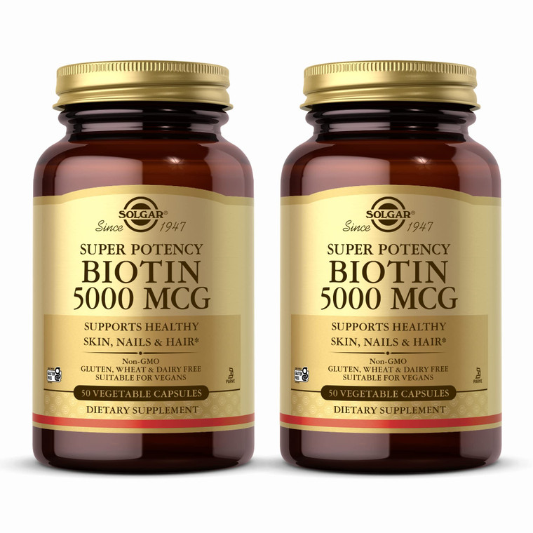 Solgar Biotin 5000 mcg - 50 Vegetable Capsules, Pack of 2 - Supports Healthy Skin, Nails & Hair - Non-GMO, Vegan, Gluten Free, Dairy Free, Kosher - 1