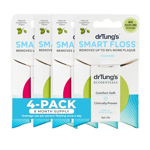DrTung's Smart Floss - Natural Dental Floss, PTFE & PFAS Free, Gentle on Gums, Expands & Stretches, BPA Free - Cardamom Flavor (Pack of 4)