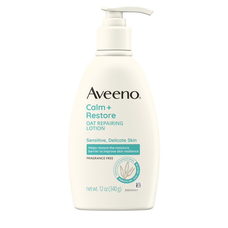 Aveeno Calm + Restore Oat Repairing Body Lotion for Sensitive Skin, Daily Moisturizer with Prebiotic Oat, Aloe & Pro-Vitamin B5, Fragrance Free Body