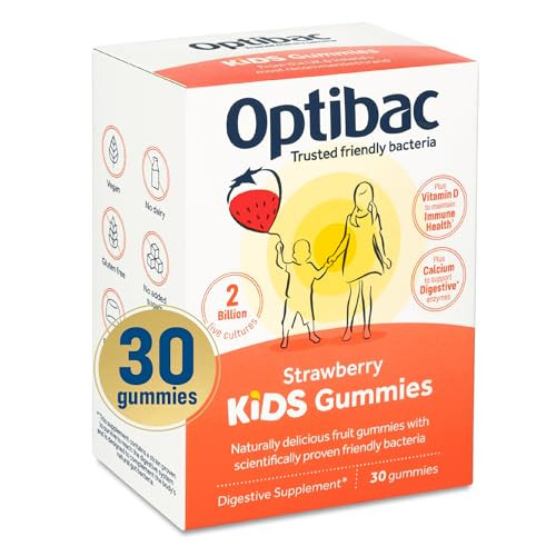 Optibac Kids Probiotics Gummies | 30 Strawberry-Flavored Probiotic Gummies for Kids with Vitamin D & Calcium | 2 Billion Live Cultures | Vegan Childr