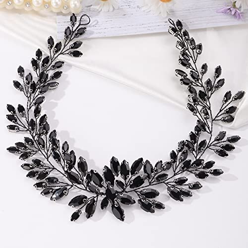 Missgrace Bridal Women Black Rhinestones Hair Vine Vintage Headband Wedding Black Beads Hair Jewelry Hair piece Prom Party Halloween Hair Accessories